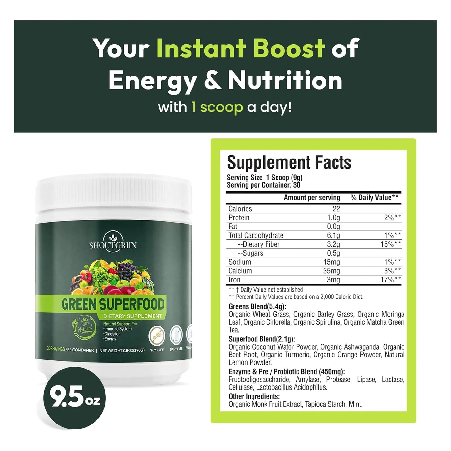 Superalimento Verde En Polvo Para Batidos 42 Ingredientes Nutritivos