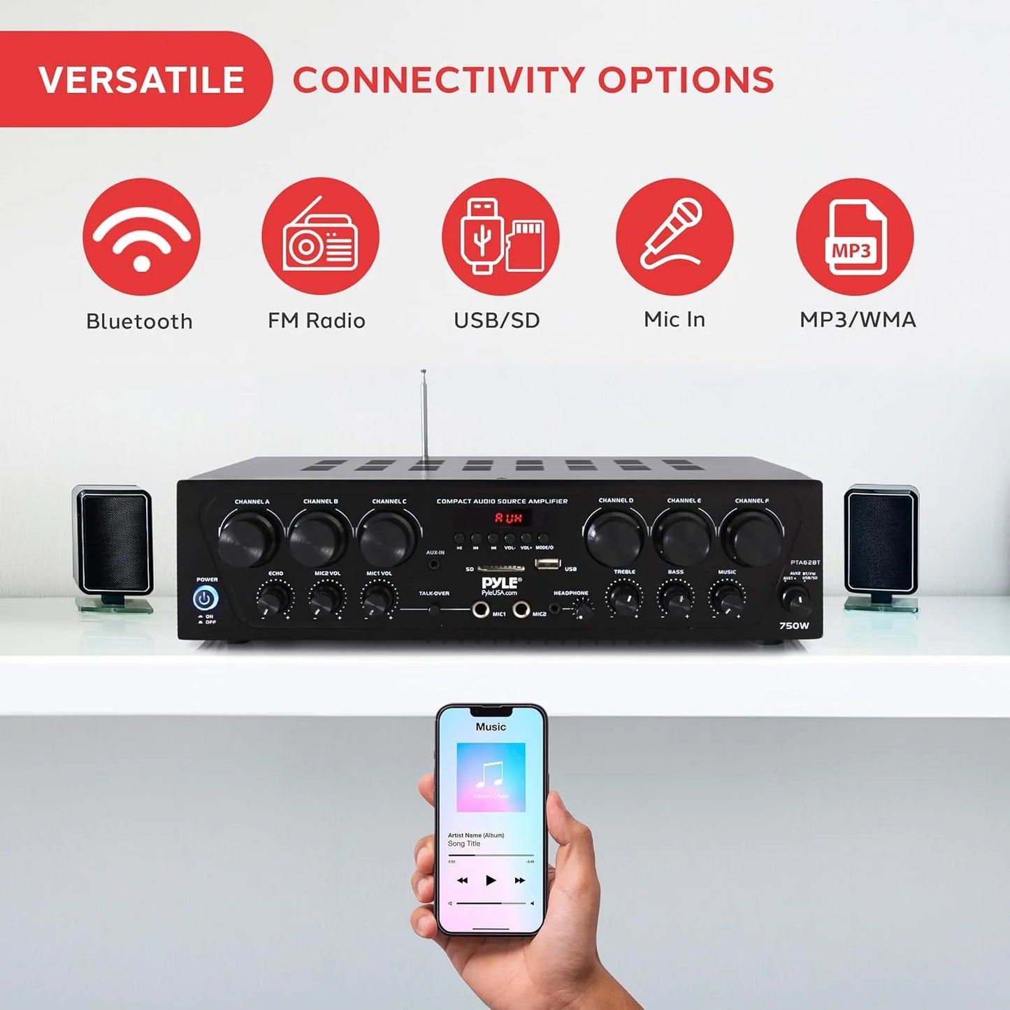 Amplificador Bluetooth Pyle 6 Canales 750W Sonido Potente Y Versatil