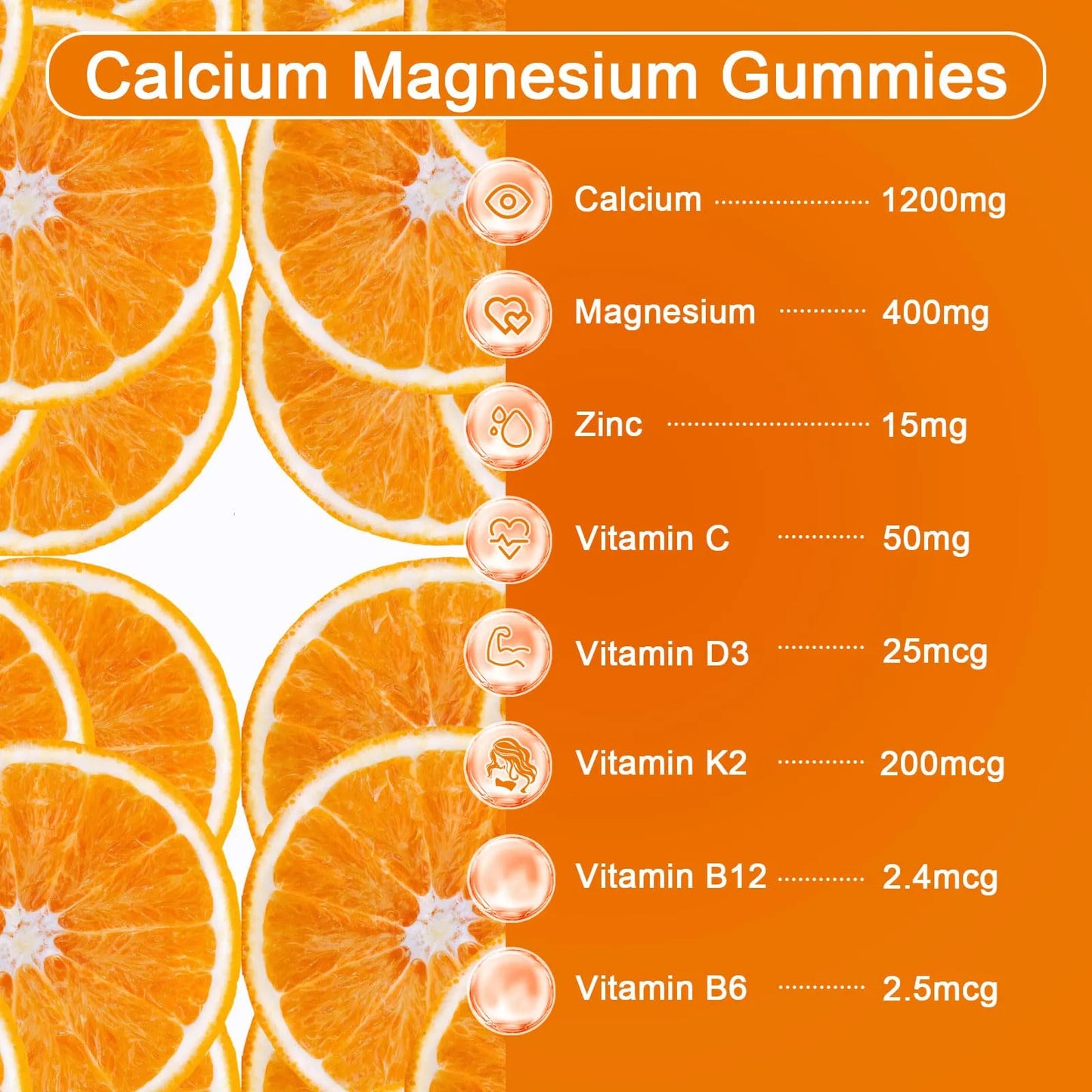 Gomitas De Calcio Magnesio Zinc 1200 Mg Citrato Vitamina D3 Suplemento Óseo Sabor Naranja