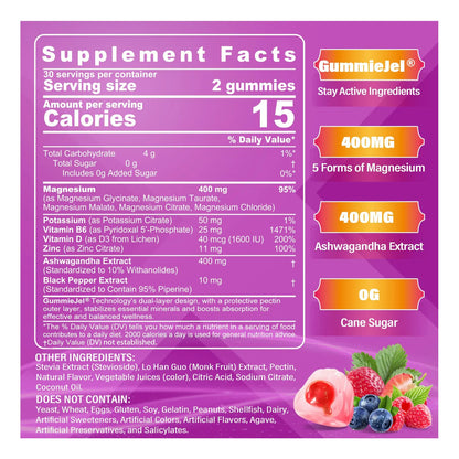 Gomitas De Magnesio 400 Mg 5 Formas Glicinato Citrato Malato Con Ashwagandha Y D3