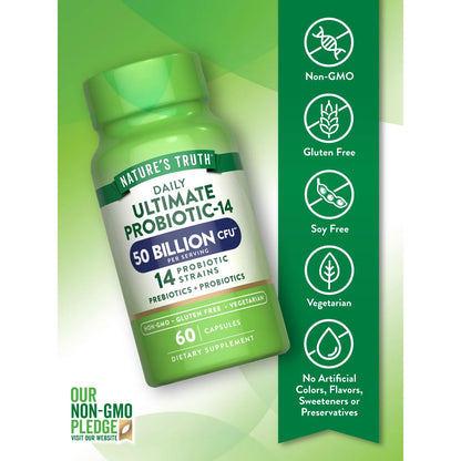 Natures Truth Probiótico 50 Mil Millones UFC Con Prebióticos 60 Cápsulas Salud Digestiva
