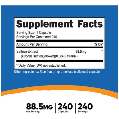Extracto De Azafrán 88.5 Mg 240 Cápsulas Vegetales Naturales Sin Gluten Ni OMG