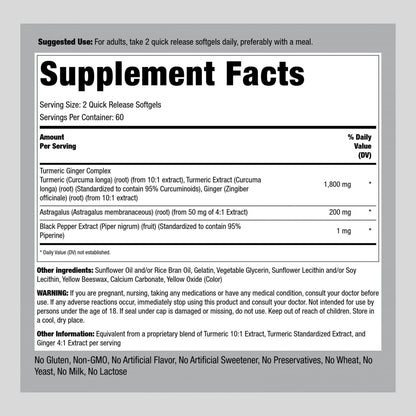 Cápsulas De Cúrcuma Y Jengibre 1800 Mg Con Extracto De Pimienta Negra Y Astrágalo 120 Unidades