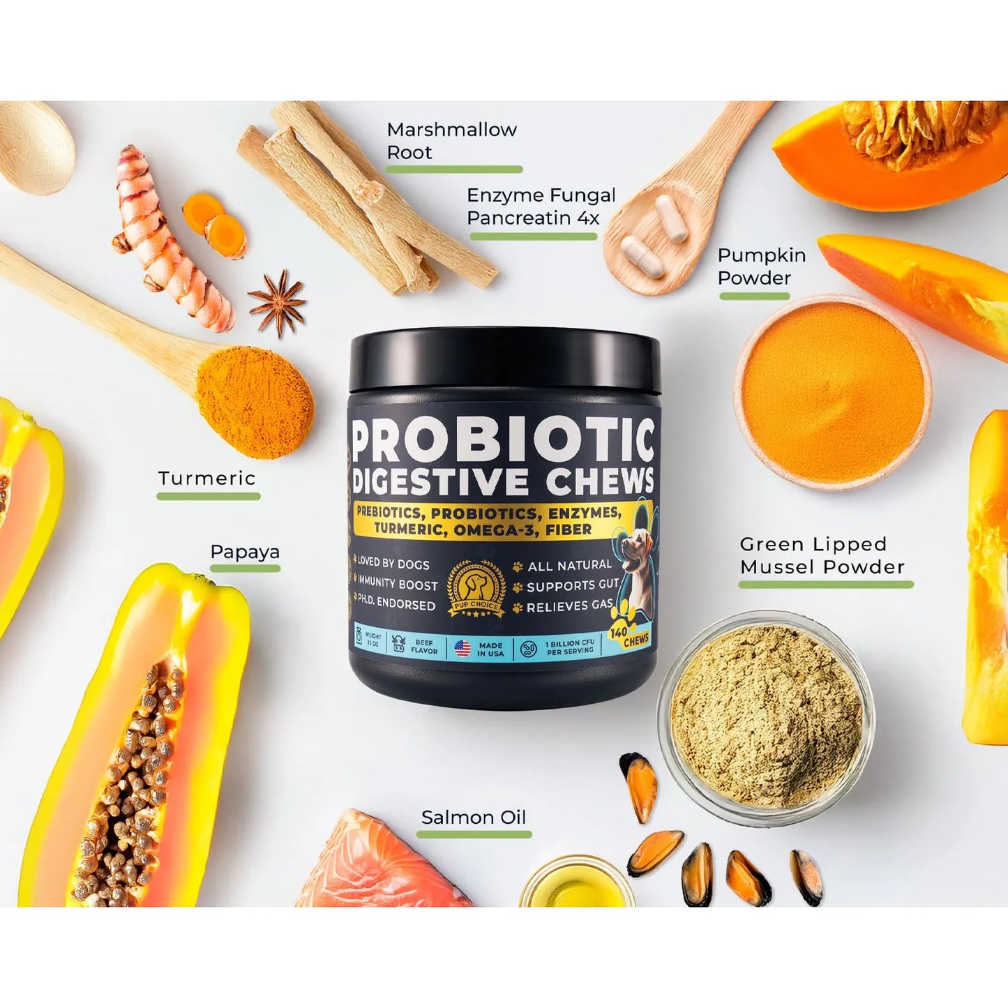 Golosinas Masticables Probióticas Con Cúrcuma Omega 3 Y Fibra Para Perros