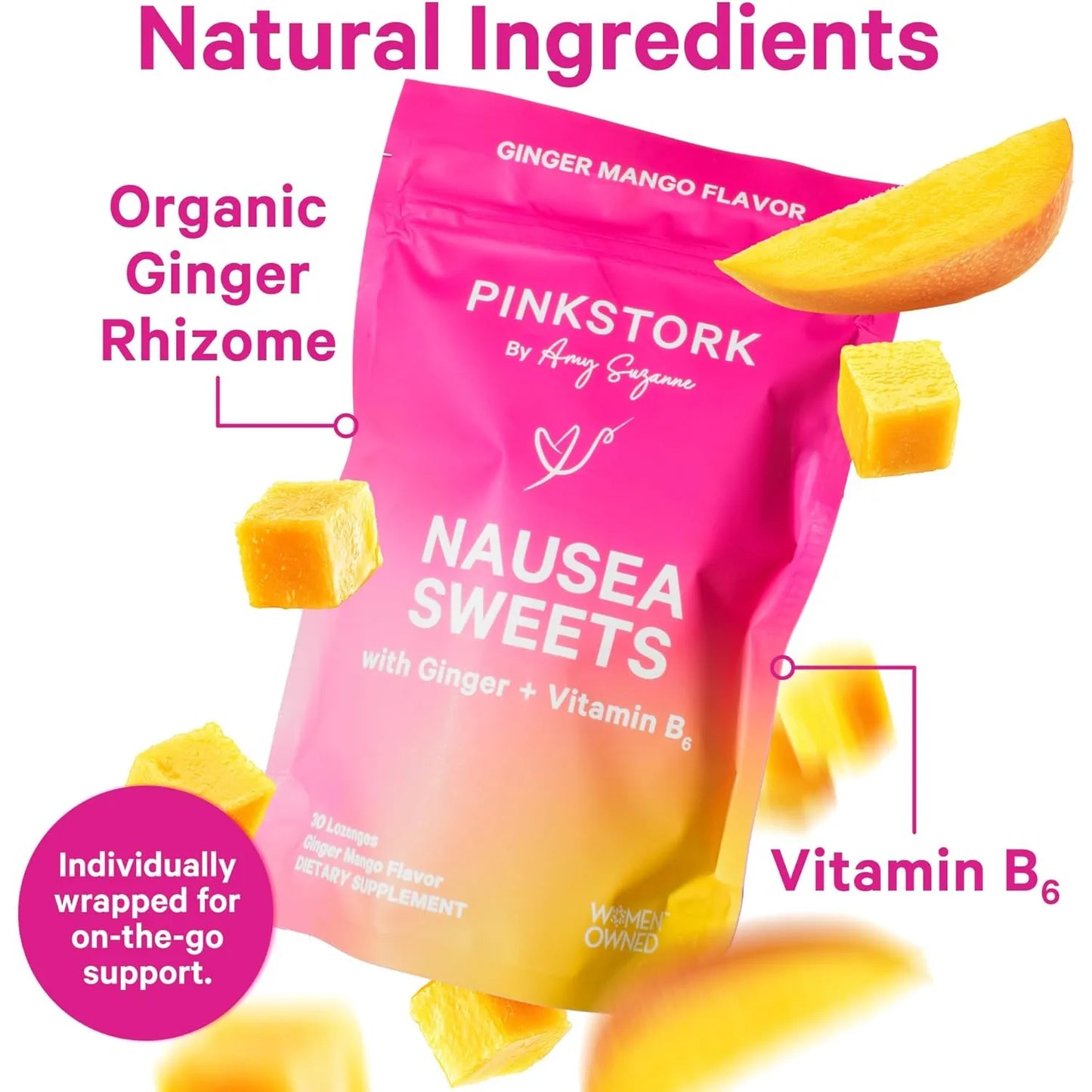 Dulces Orgánicos Para Mareo Matutino Y Por Movimiento Pink Stork Con Vitamina B6 60 Caramelos