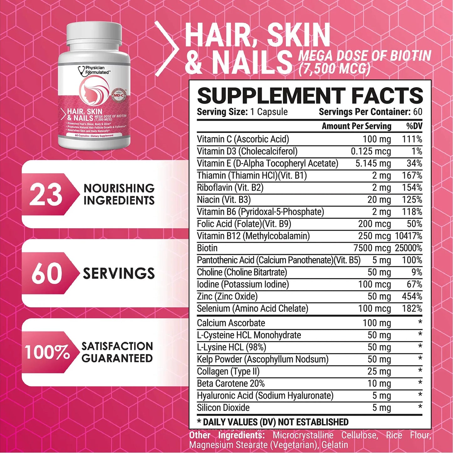 Vitaminas Cabello Piel Uñas Con Biotina Colágeno Y Ácido Hialurónico 60 Cápsulas