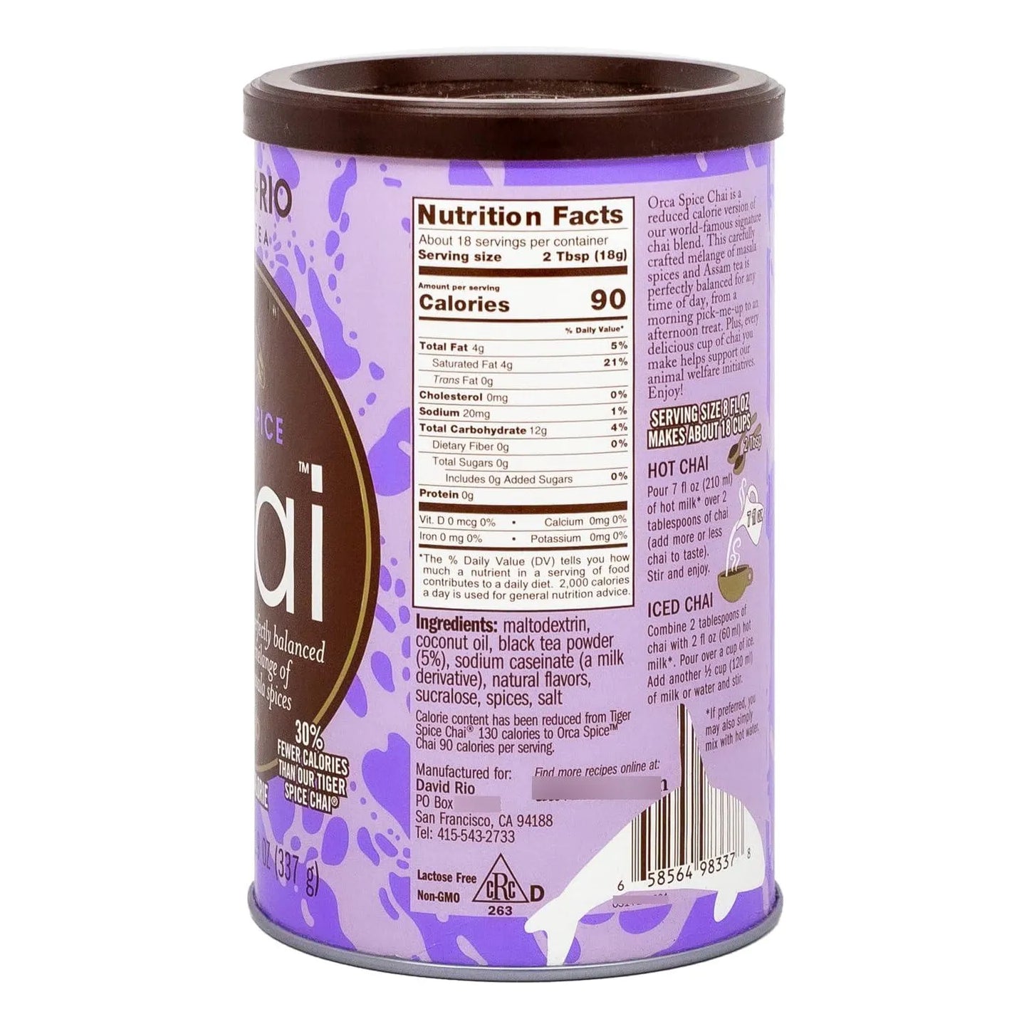 Mezcla De Chai David Rio 396g Aromática Y Espesa Sin Lactosa Ni Omg