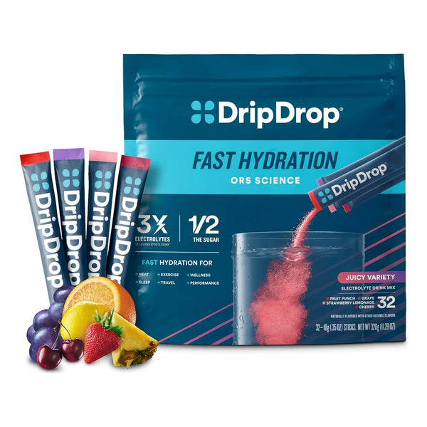 Electrolitos En Polvo DripDrop ORS Sabor Uva Ponche Frutas Limonada Fresa Cereza 32 Unidades