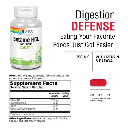 HCl Con Pepsina 250 Mg 180 Cápsulas Digestión Eficiente Solaray