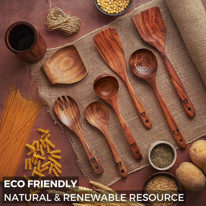 Juego De 8 Utensilios Cocina Madera Con Soporte Cucharas Teca Natural