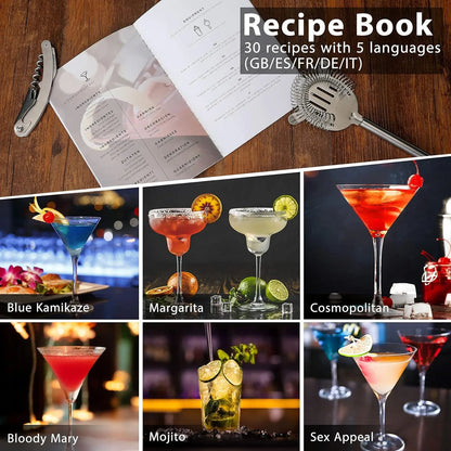 Kit De Cocteleria 15 Piezas Con Soporte Bambu Y Libro Recetas