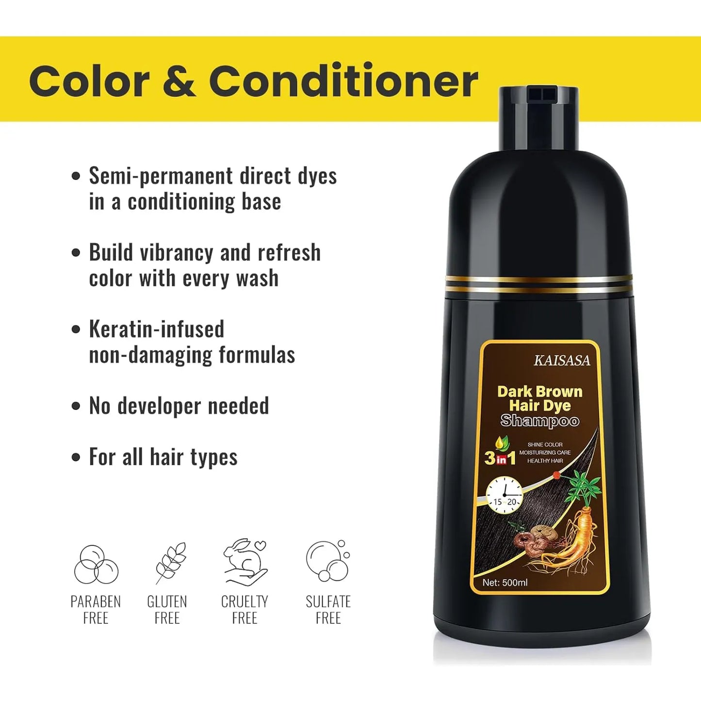 Champú Tinte Cabello 3 En 1 Marrón Oscuro Cobertura Canas Kingming 16.9 Fl Oz