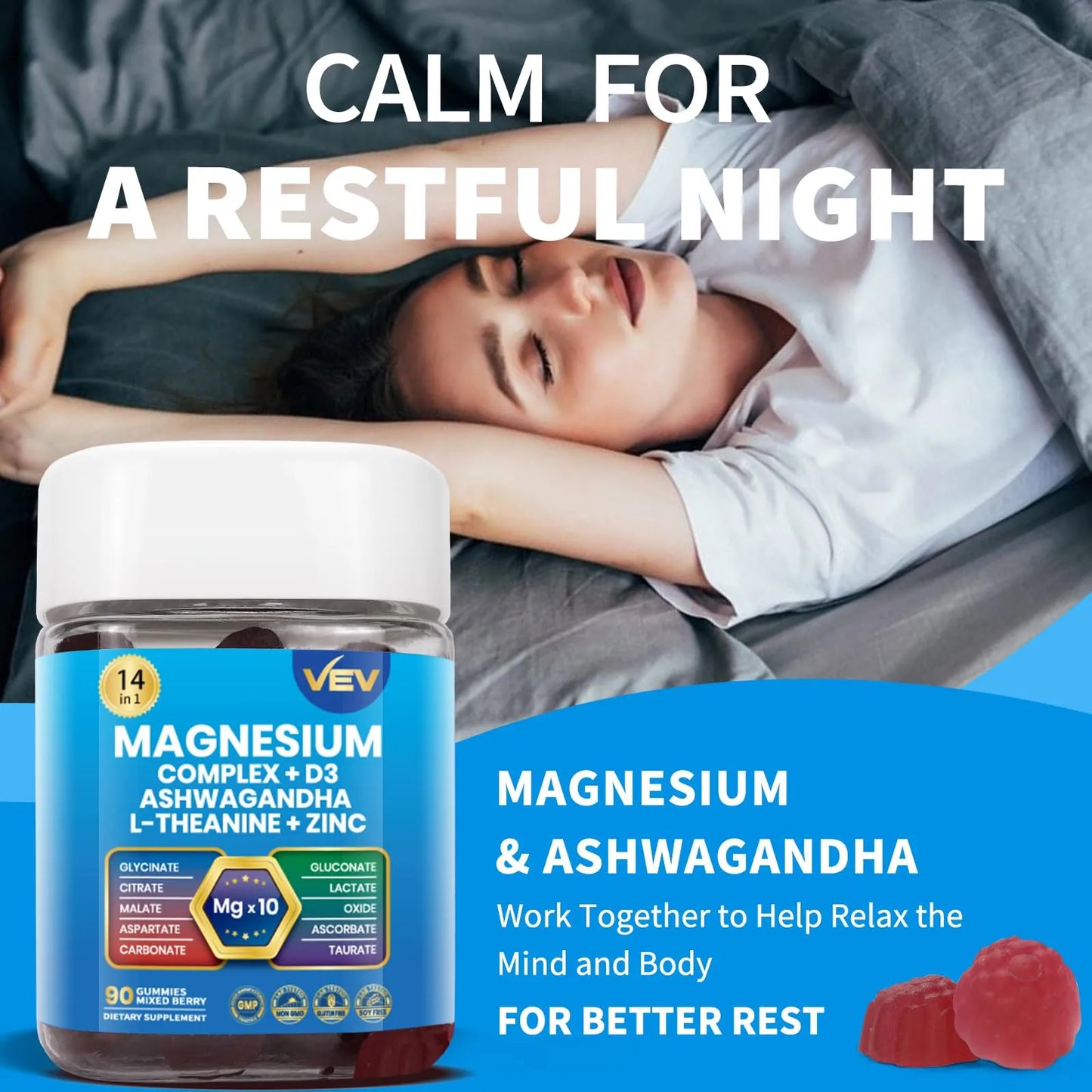 Gomitas De Glicinato De Magnesio Con Ashwagandha 10 Tipos Vitamina D3 Zinc