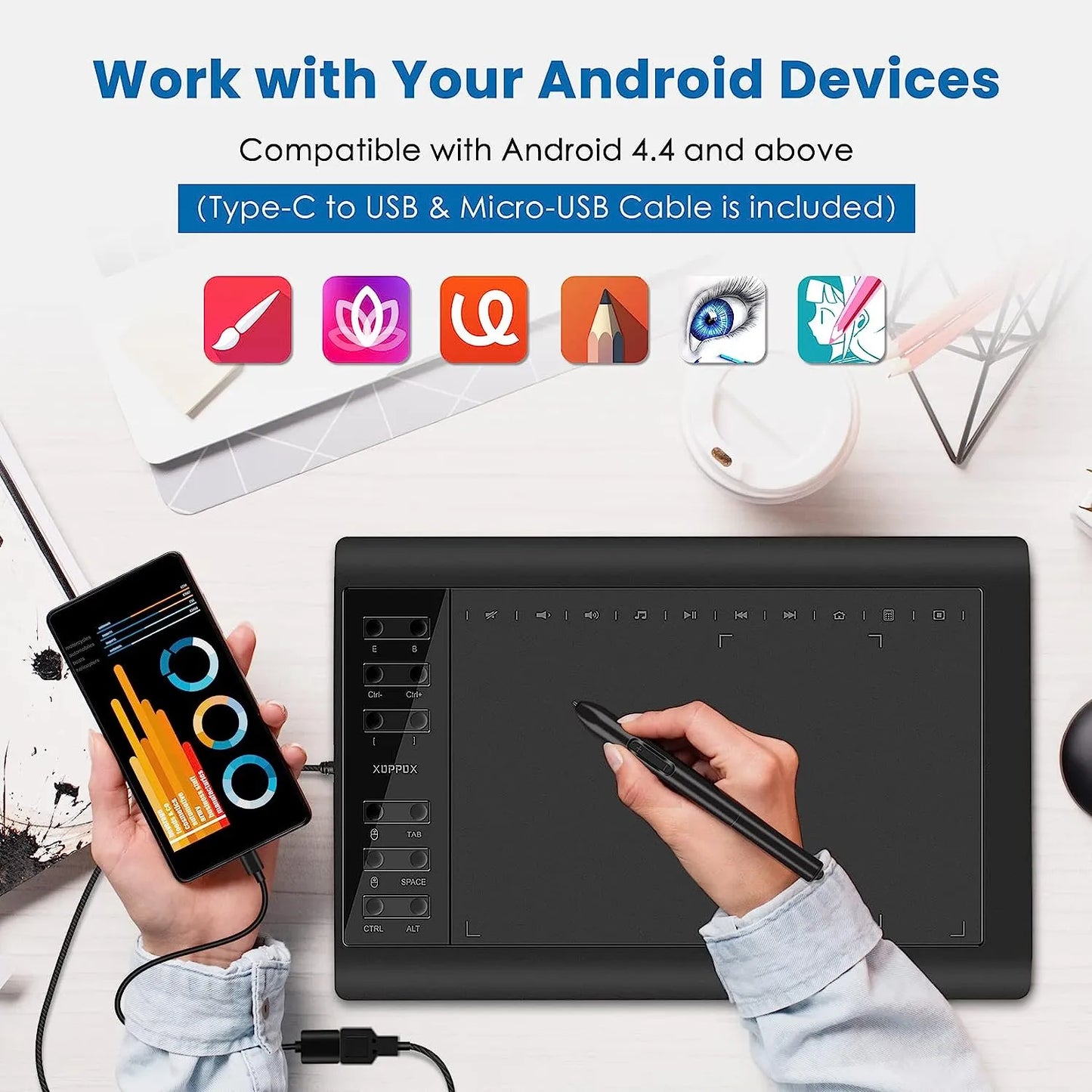 Tableta Grafica Xoppox 10x6 Pulgadas Lápiz Sin Batería 8192 Niveles Presión Compatible PC Mac Android