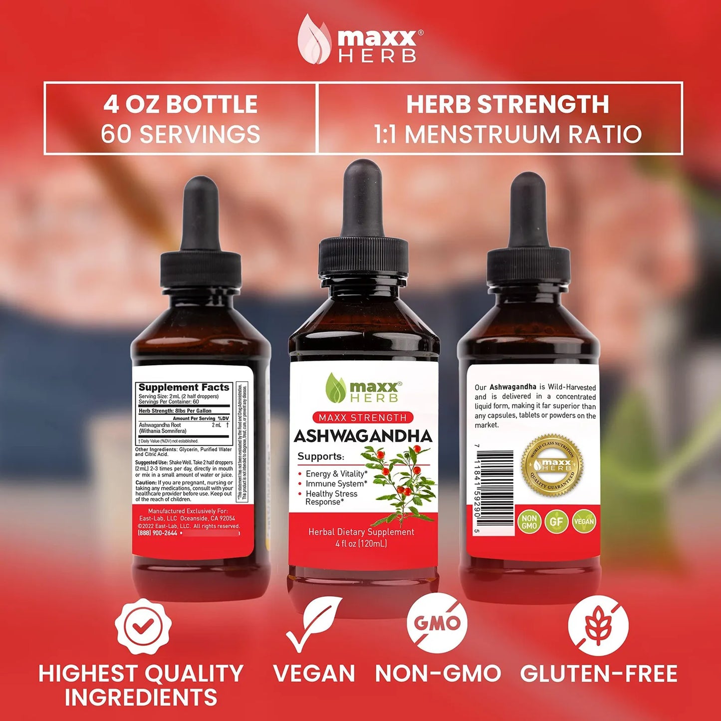 Extracto De Ashwagandha Liquido Alta Potencia 4 Oz Resistencia Memoria Sistema Inmunologico