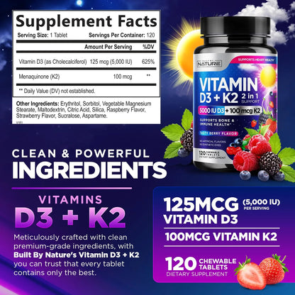 Vitamina D3 K2 Masticable 5000 Ui Y 100 Mcg Mk7 Sabor Bayas 120 Tabletas
