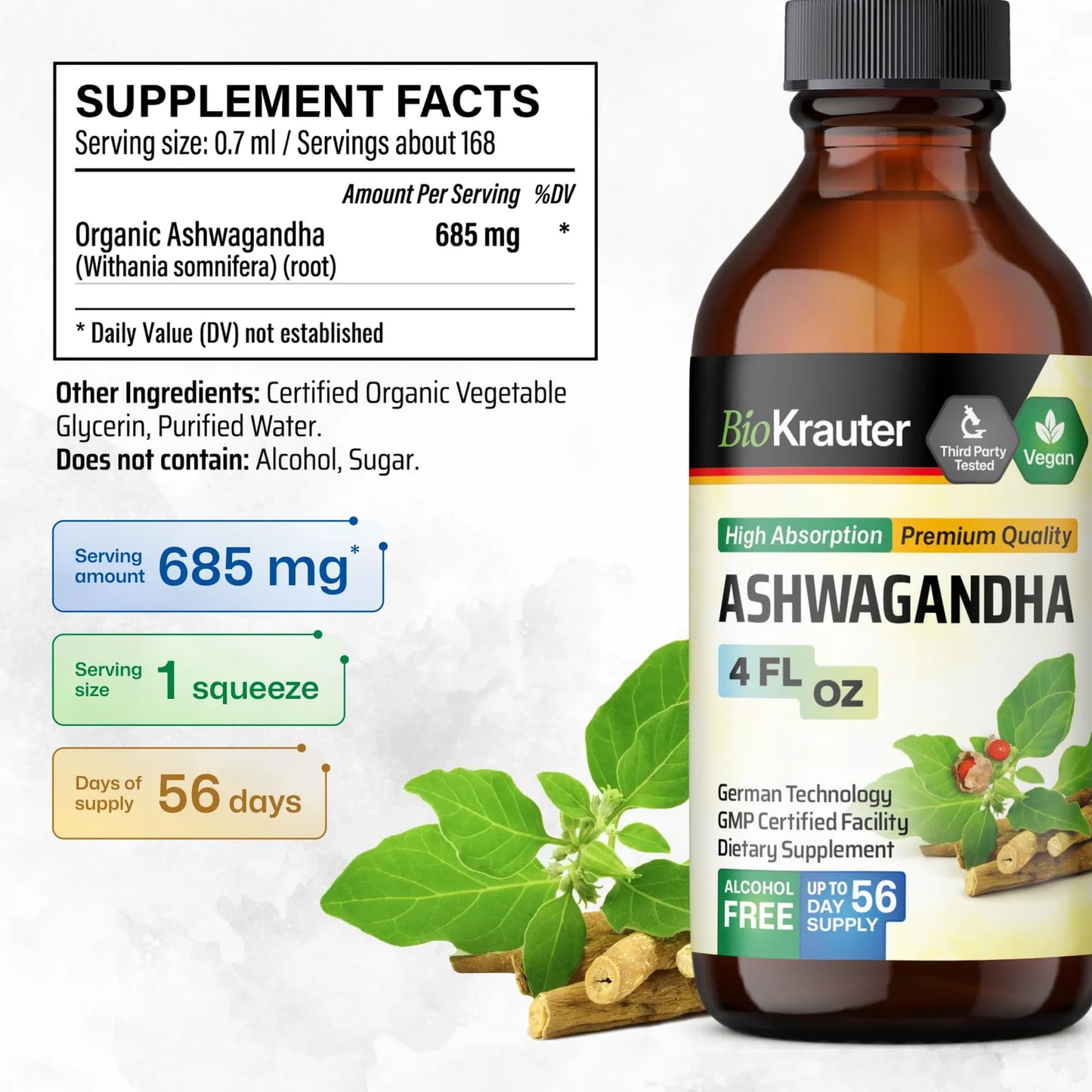 Gotas Líquidas Ashwagandha Para Calma Y Apoyo Al Estado De Ánimo Vegano Sin Alcohol 4 Onzas