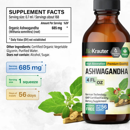Gotas Líquidas Ashwagandha Para Calma Y Apoyo Al Estado De Ánimo Vegano Sin Alcohol 4 Onzas