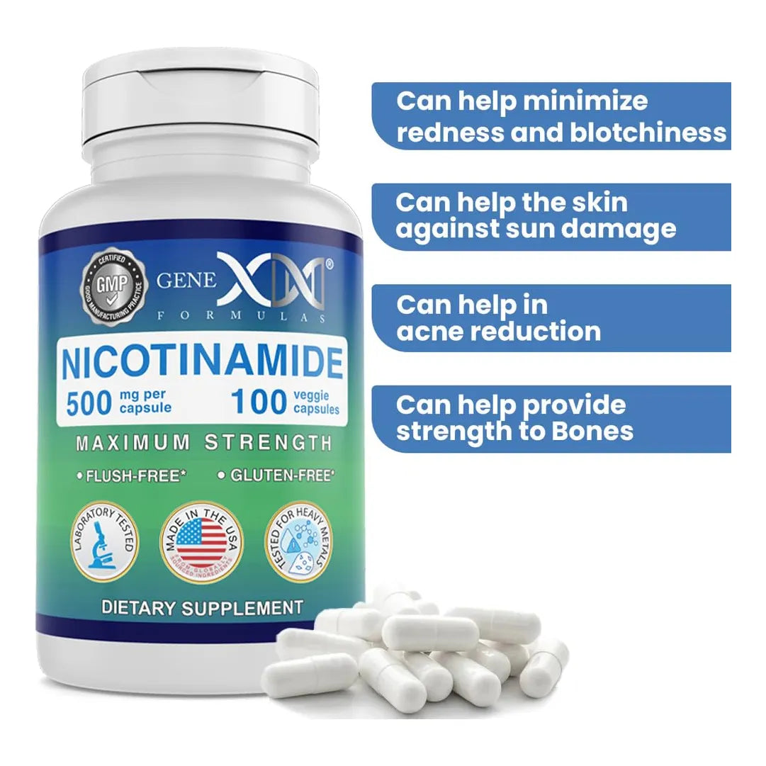 Nicotinamida 500 Mg 100 Cápsulas Vitamina B3 Piel Saludable Genex