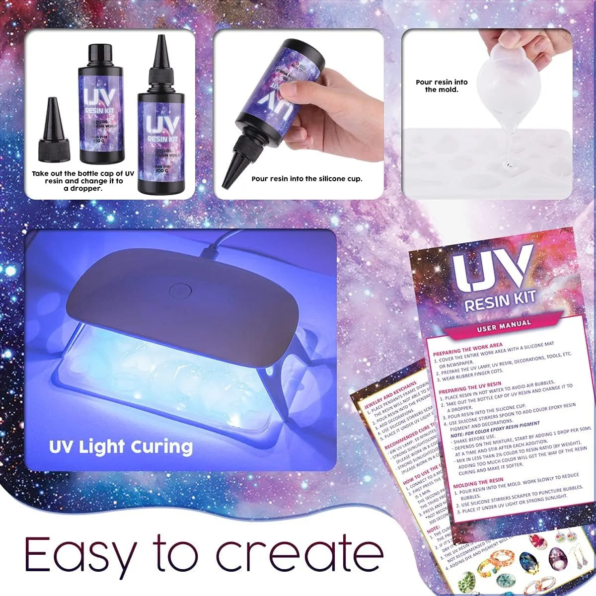 Kit Resina Epoxi Principiantes Moldes Silicona Luz UV Joyas Personalizadas