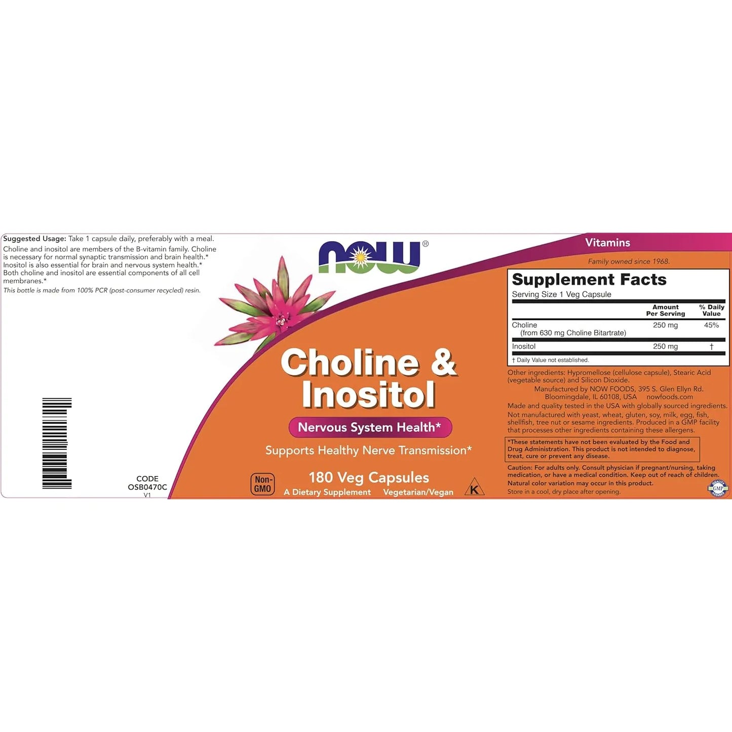 Cholina E Inositol 180 Cápsulas Vegetales Paquete Doble NOW Suplemento Cognitivo