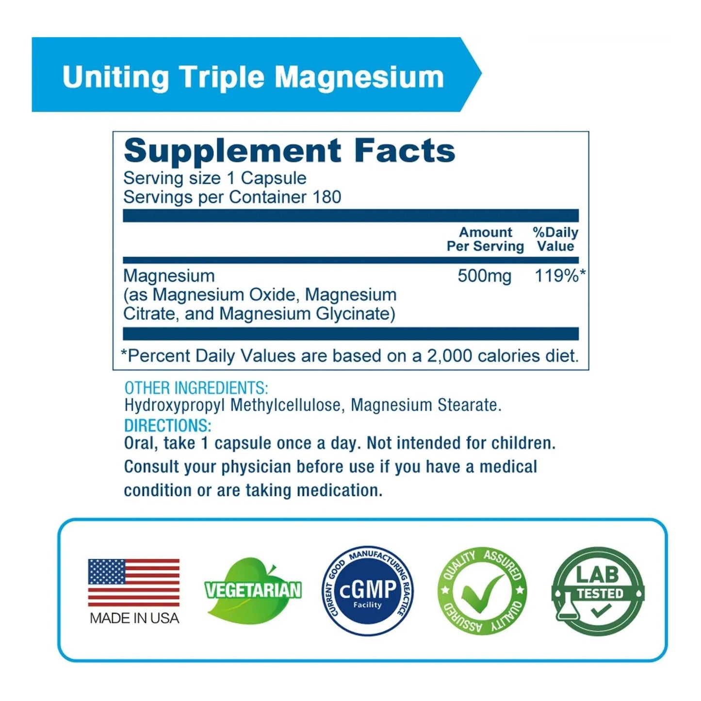 Complejo Triple Magnesio 500 Mg Alta Absorción Apoyo Sueño Salud Huesos Vegano