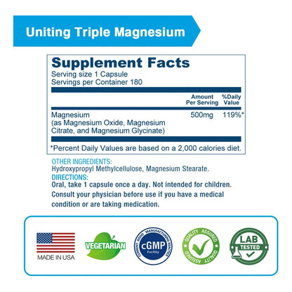 Complejo Triple Magnesio 500 Mg Alta Absorción Apoyo Sueño Salud Huesos Vegano