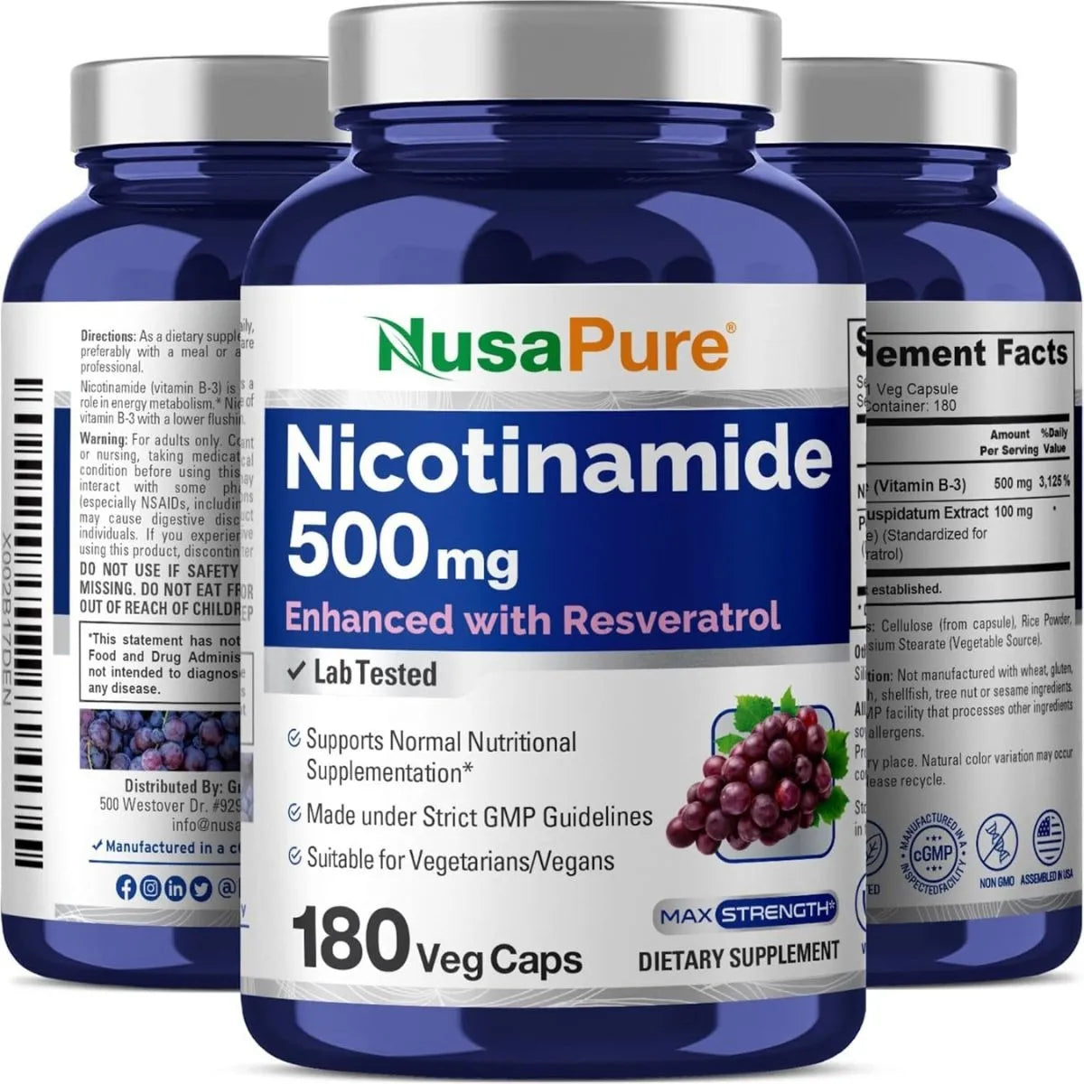 Suplemento Nussuplemento Nusapure Nicotinamide 500mg Con Resveratrol 180 Cápsulas Veganas Salud Piel Energíaapure Nicotinamid - Imagen 3