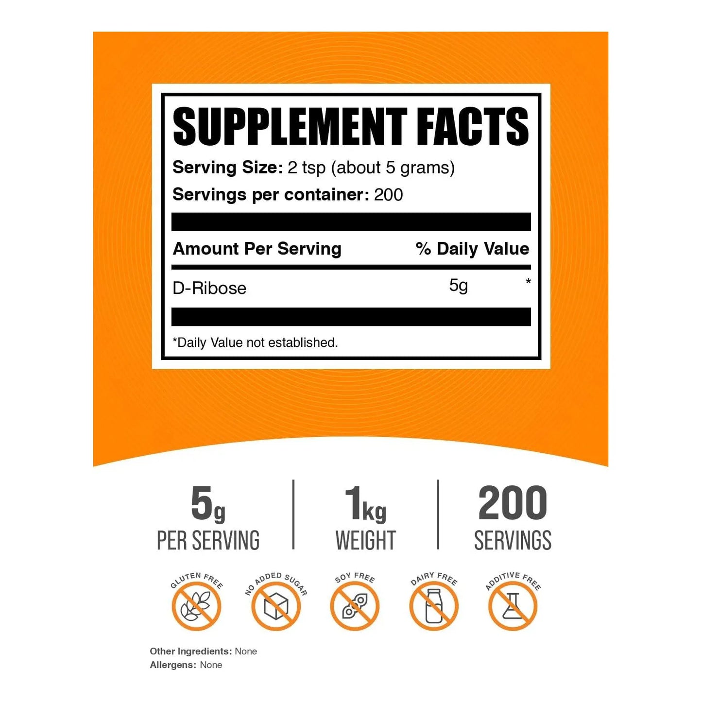 D Ribosa En Polvo 5000 Mg Apoyo Energético Sin Sabor Ni Gluten 1 Kg