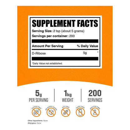D Ribosa En Polvo 5000 Mg Apoyo Energético Sin Sabor Ni Gluten 1 Kg
