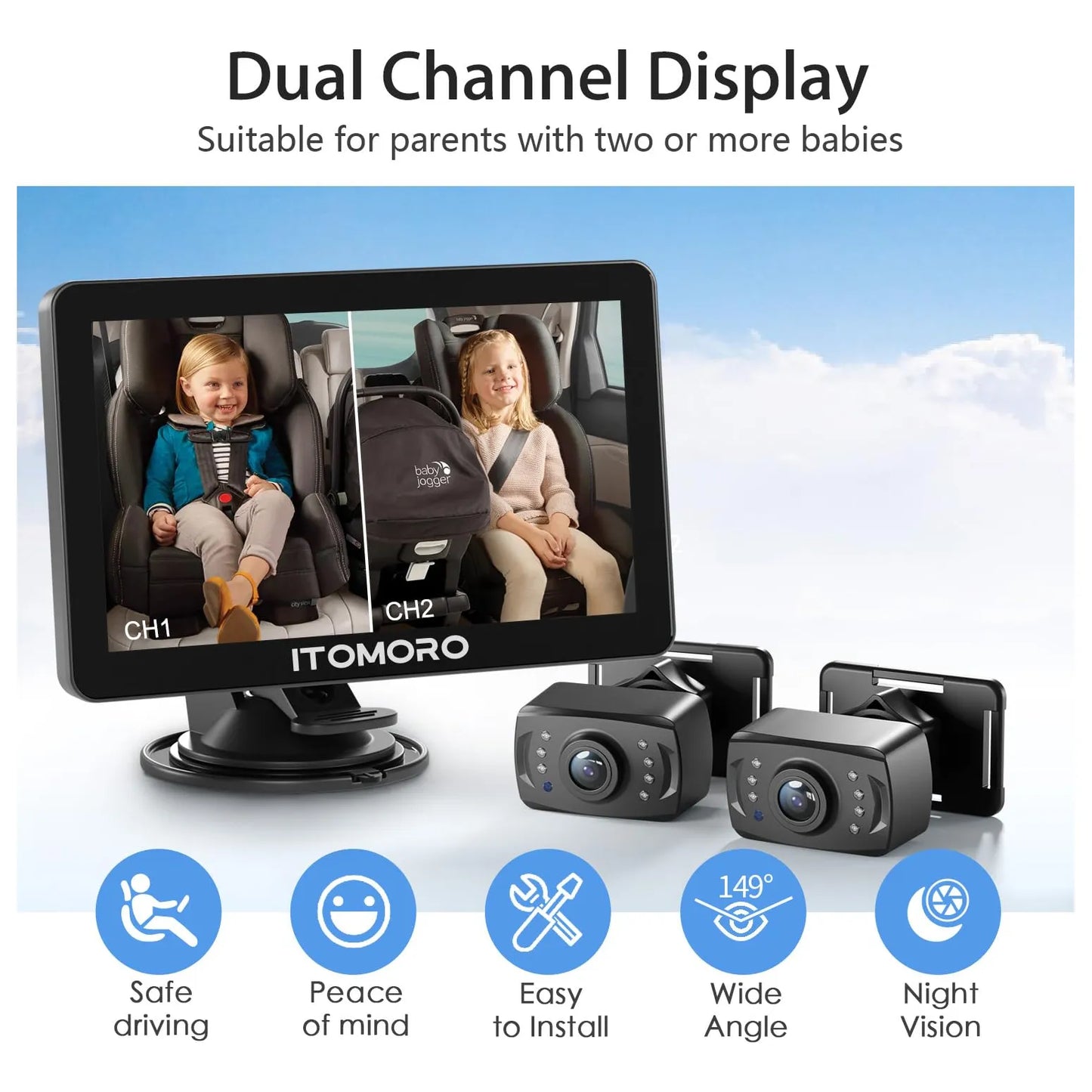 Camara De Coche Para Bebe 7 Pulgadas Dual Vision Nocturna Pantalla IPS 1080P