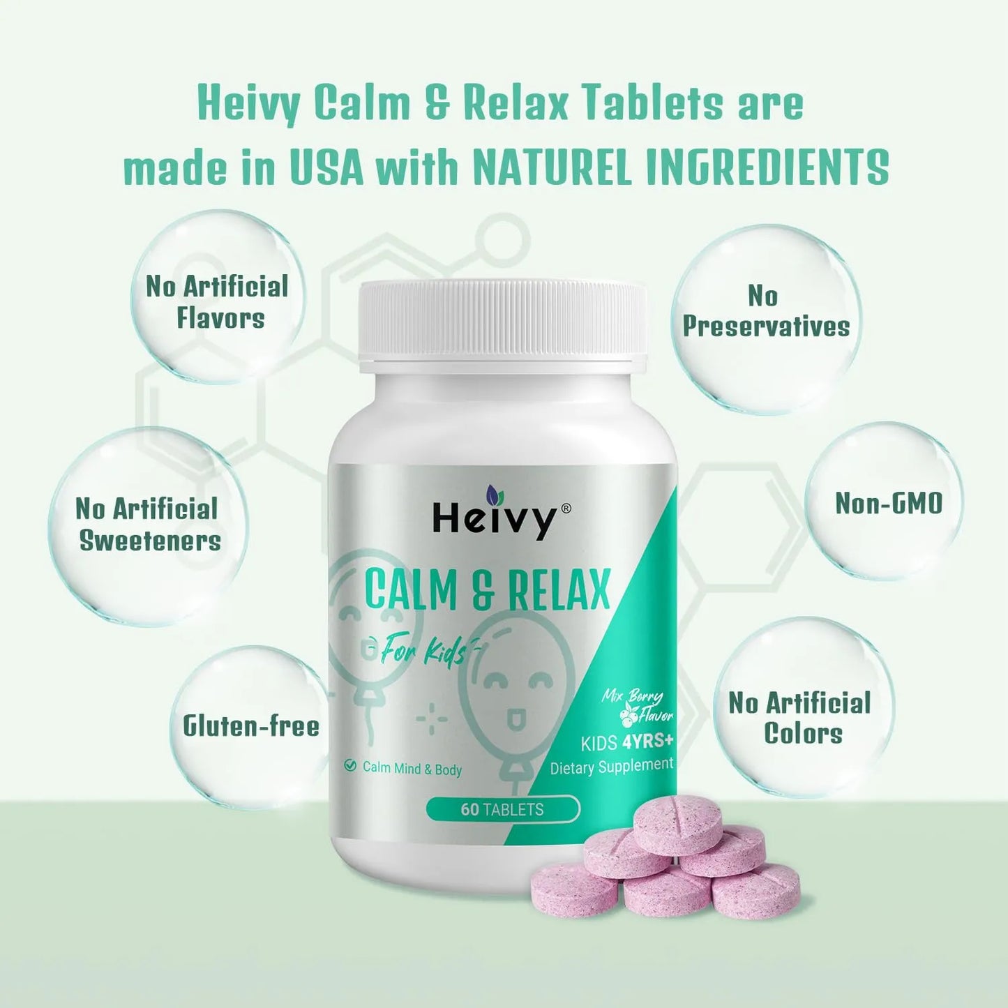 Suplemento Calmante Para Niños Con Glicinato De Magnesio Y Vitamina B6 Sabor A Bayas 60 Tabletas