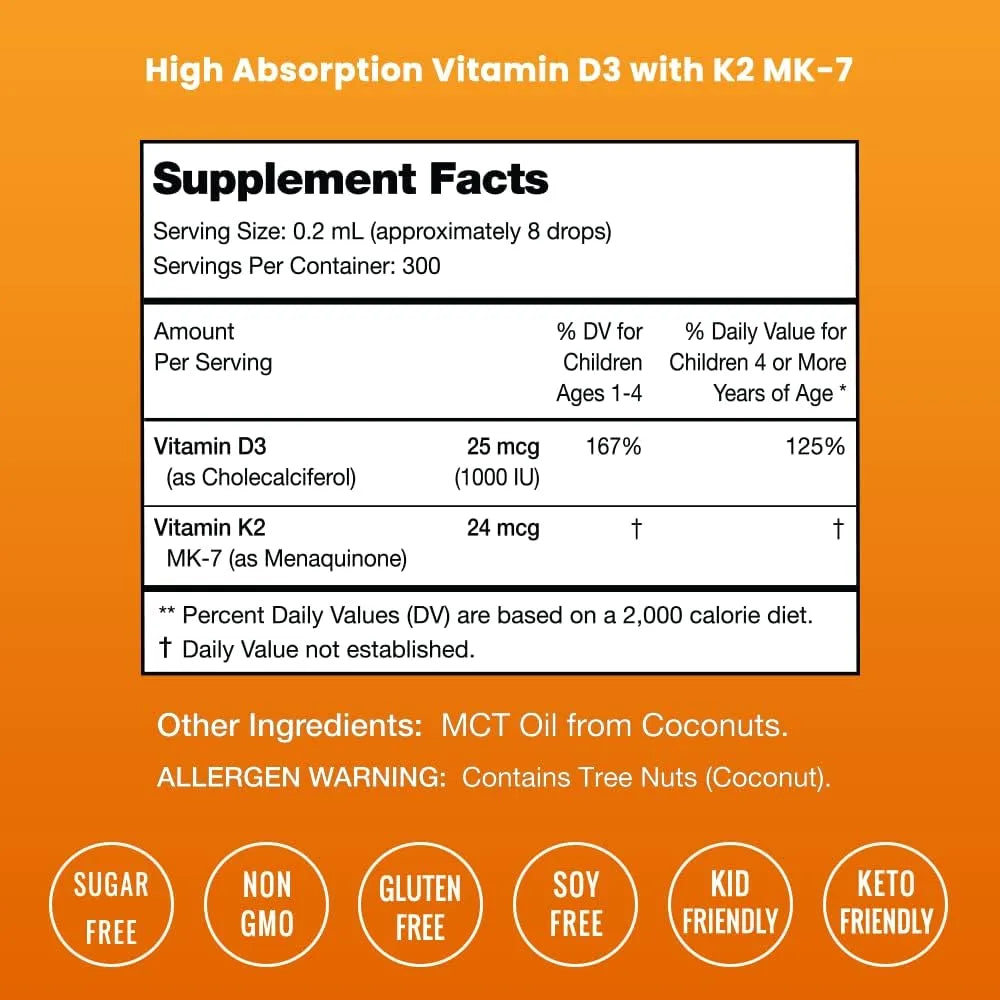 Gotas Líquidas De Vitamina D3 K2 Para Niños 1000 Ui Huesos Fuertes Y Sistema Inmune