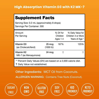 Gotas Líquidas De Vitamina D3 K2 Para Niños 1000 Ui Huesos Fuertes Y Sistema Inmune