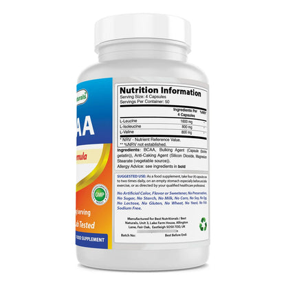 Bcaa Aminoácido Cadena Ramificada 3200 Mg 200 Cápsulas Grado Farmacéutico