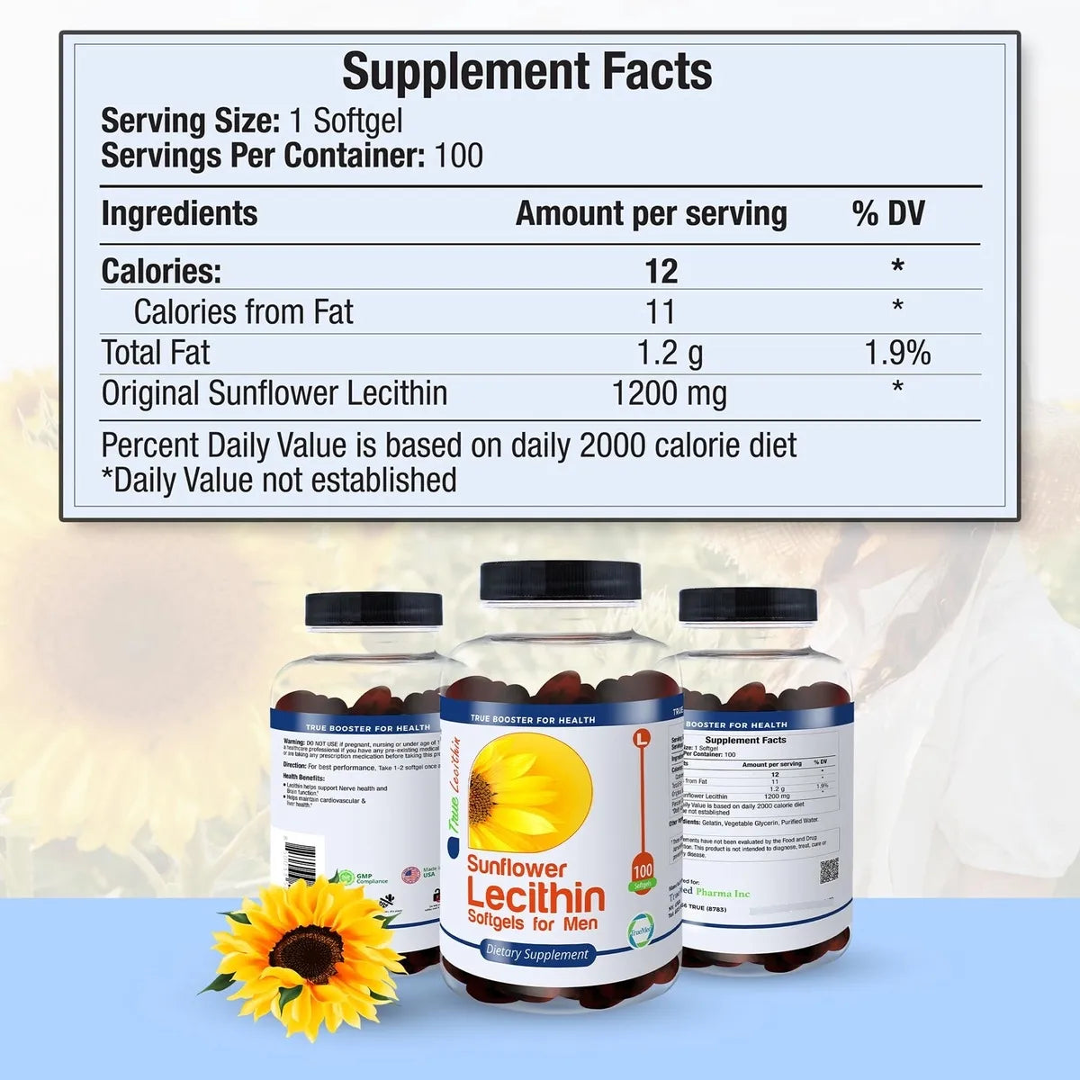 Lecitina De Girasol 1200 Mg 100 Geles Blandos Soporte Cerebral Y Hepático