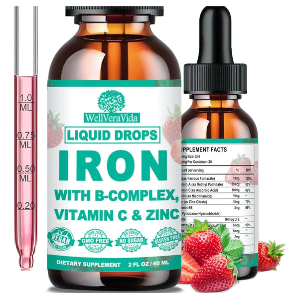 Suplemento De Hierro Liquido Con Vitamina C Y Complejo B Gotas Veganas Sabor Fresa
