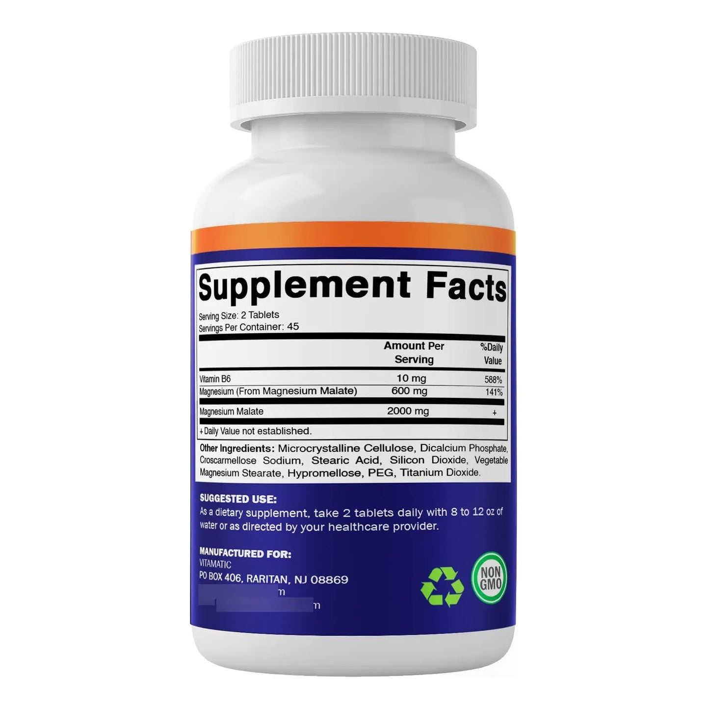 Malato De Magnesio 2000 Mg 90 Tabletas Con B6 Maxima Absorcion Salud Muscular Y Cardíaca