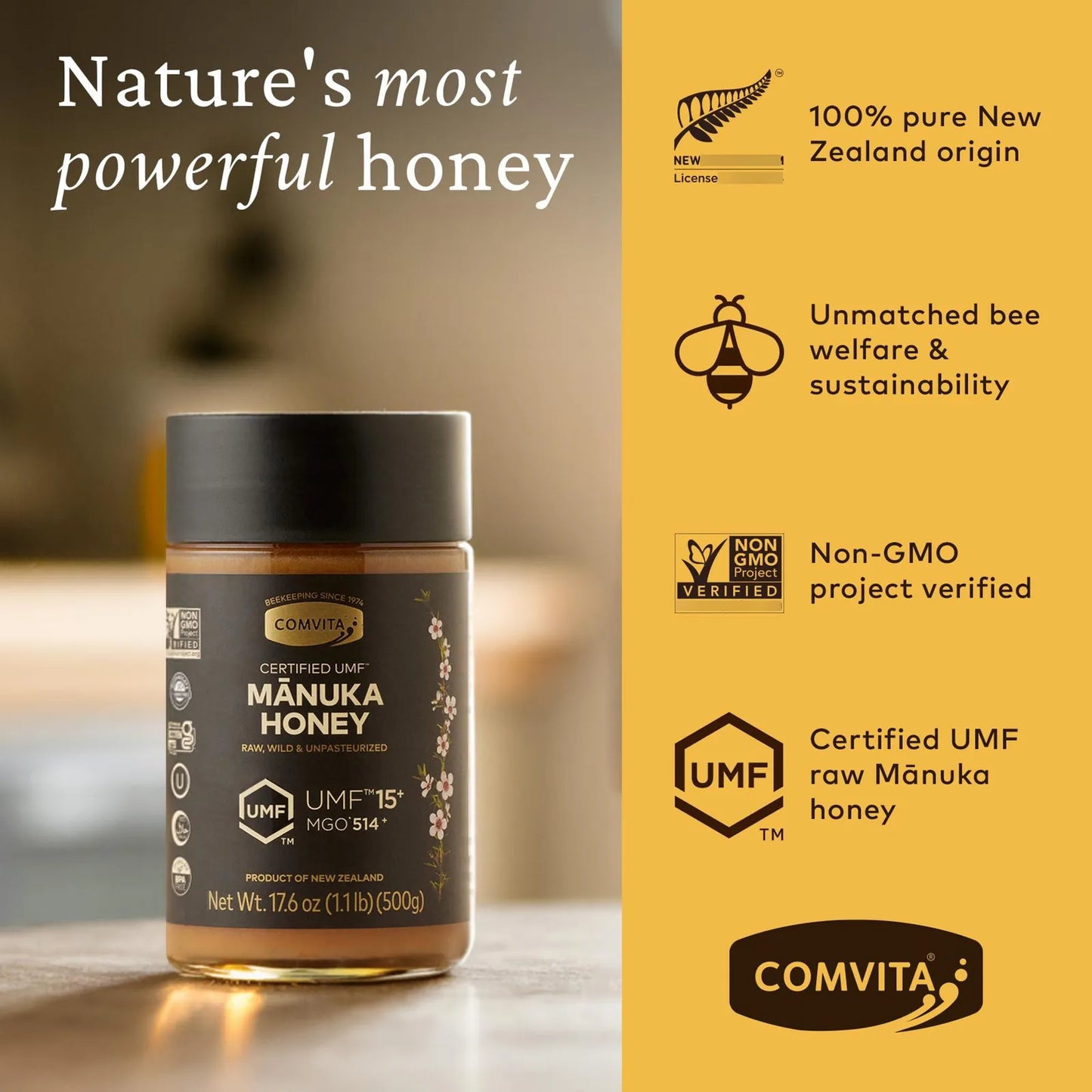 Miel De Manuka UMF 15 MGO 514 Crudo Salvaje 17.6 Onzas Superalimento Natural