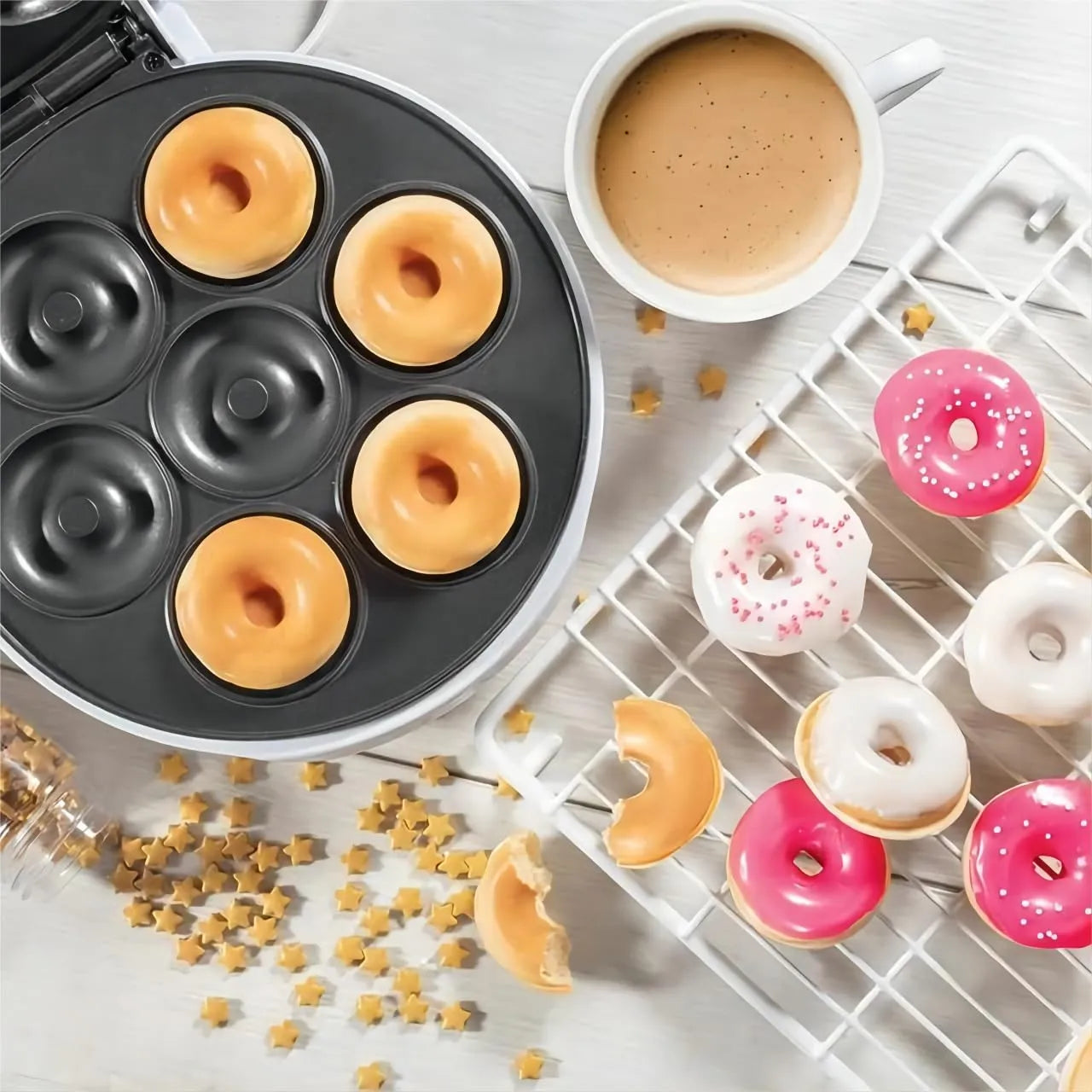 Máquina Eléctrica Rosa Para Hacer 7 Donas Y Panqueques Antiadherente Y Rápida