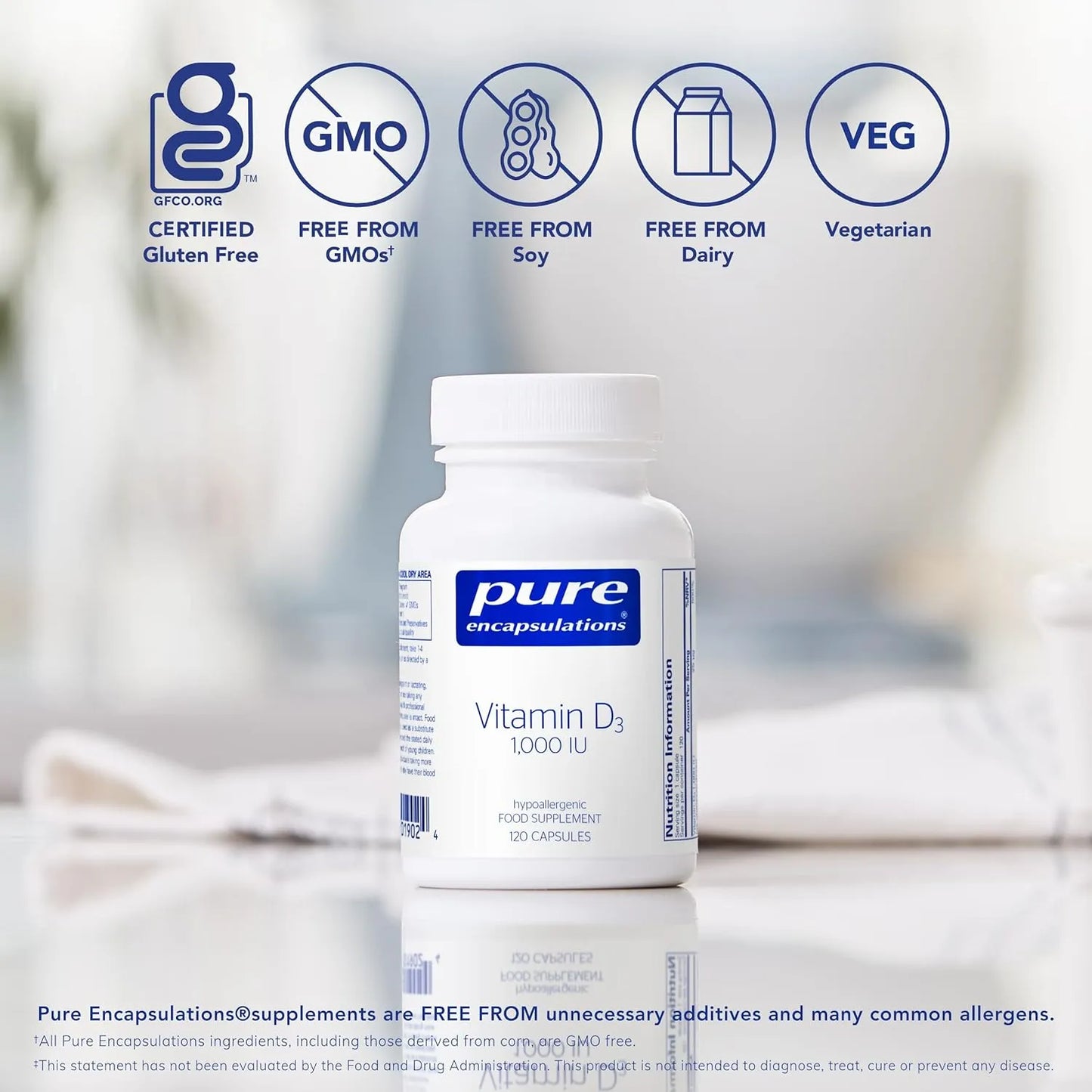 Vitamina D3 1000 IU Pure Encapsulations 120 Capsulas Salud Huesos Corazon Inmune