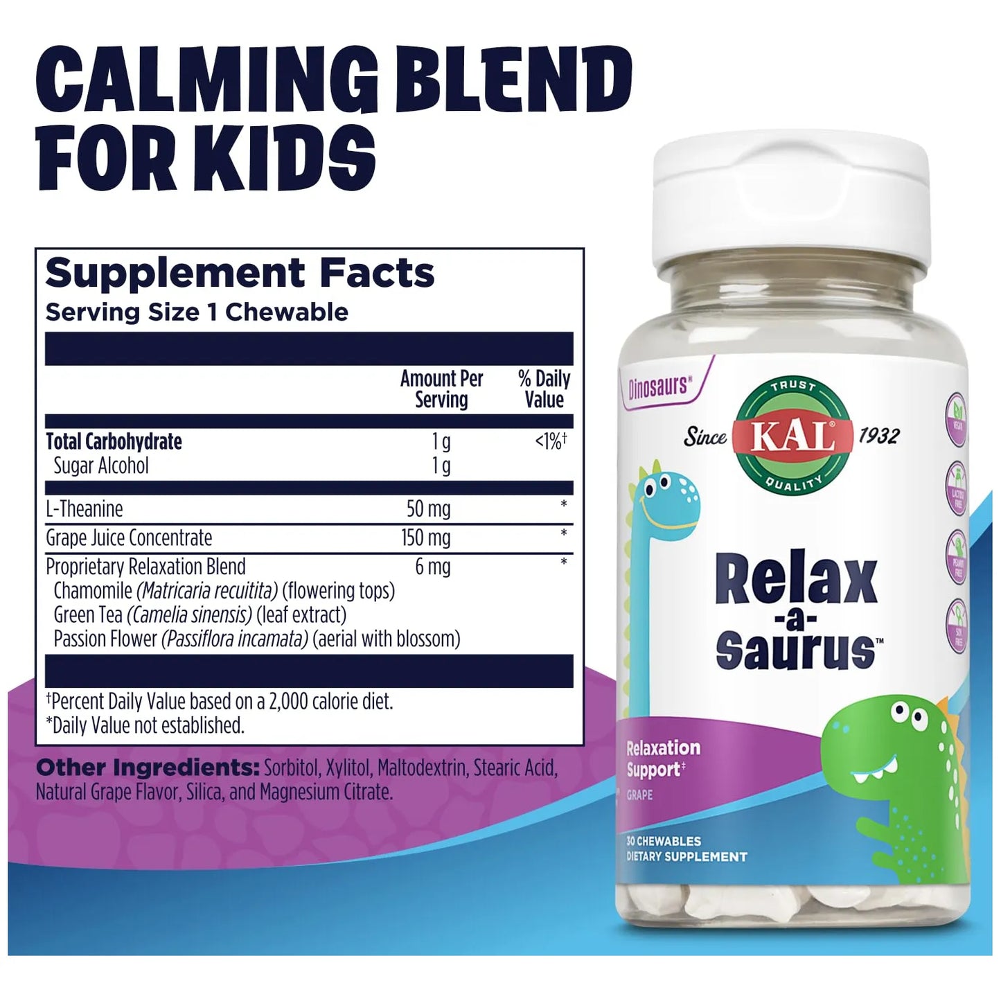 Tabletas Masticables De L Teanina Relaxasaurus Sabor Uva Para Niños