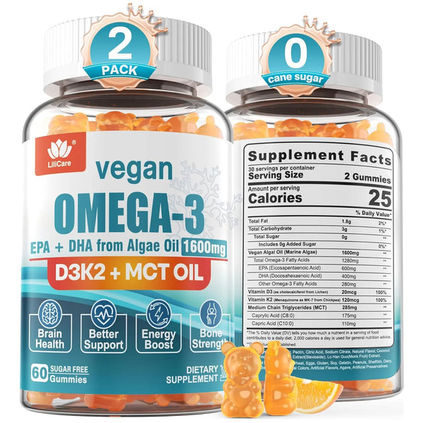Gomitas Veganas Omega 3 1280 Mg Con Vitamina D3 K2 Sin Azucar Sabor Naranja