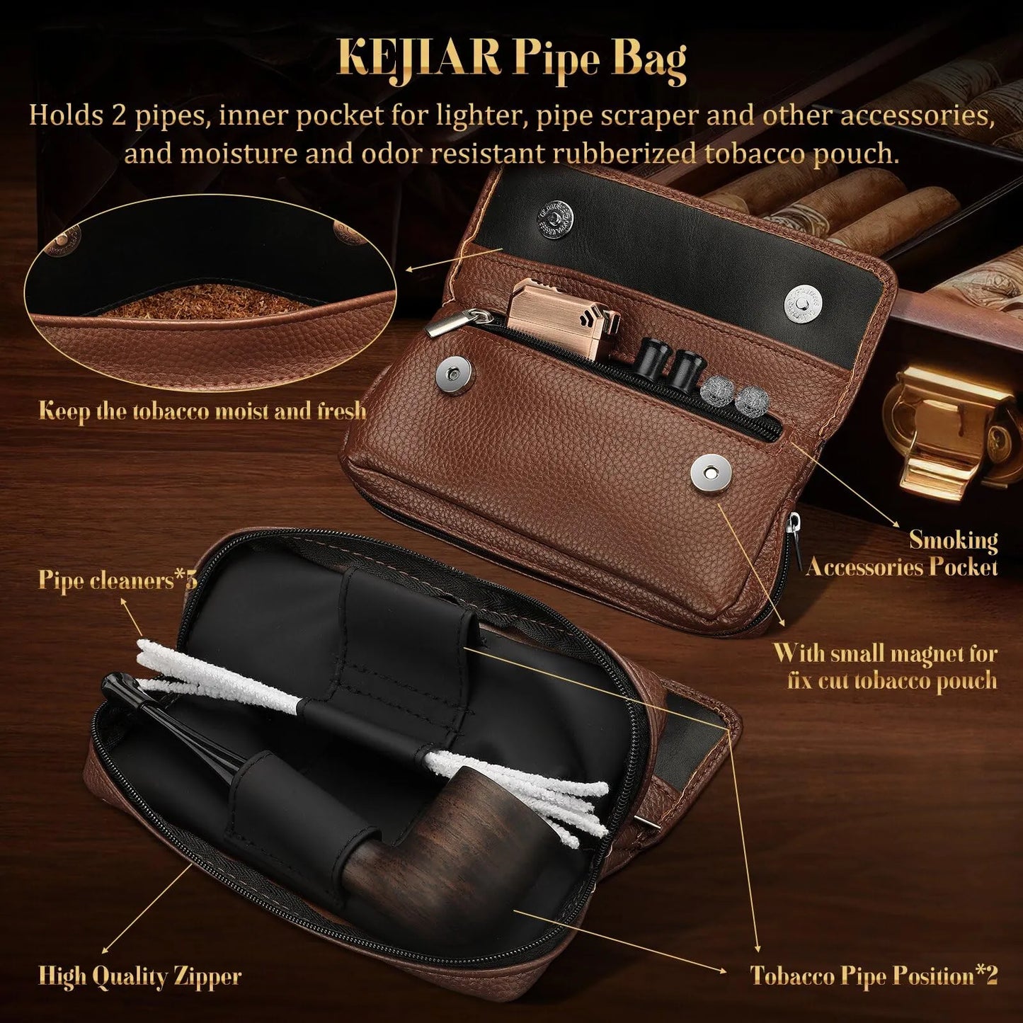 Juego De Pipa De Tabaco Artesanal En Madera Con Encendedor Y Estuche De Cuero Premium