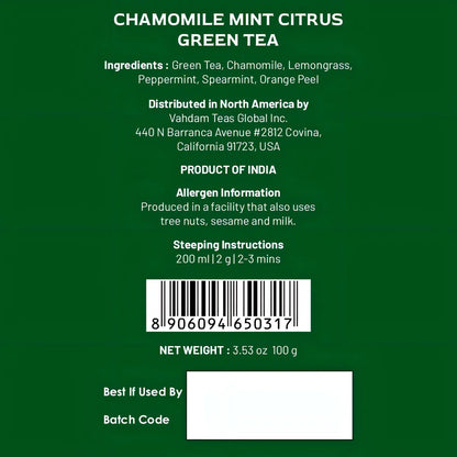 Té Verde Cítrico Manzanilla Y Menta Vahdam 100G Hojas Sueltas Antioxidante Relajante