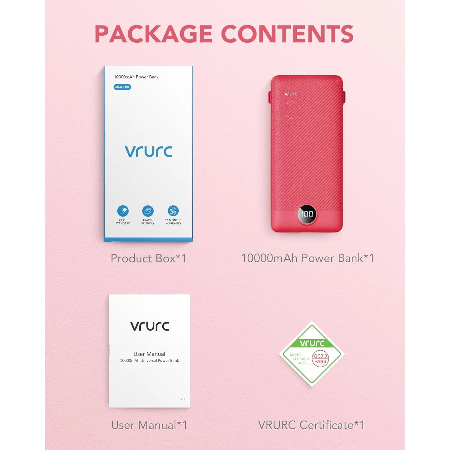 Cargador Portátil Vrurc 10000mah Con Cables Integrados Rojo - Imagen 4