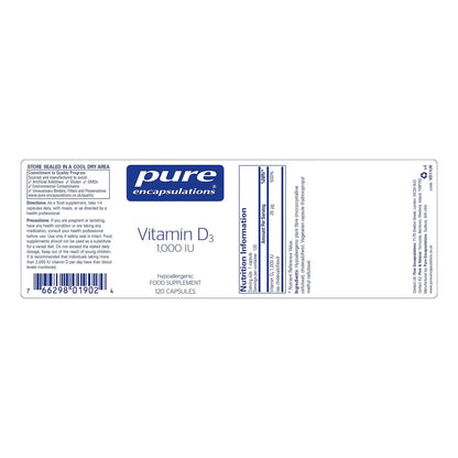 Vitamina D3 1000 IU Pure Encapsulations 120 Capsulas Salud Huesos Corazon Inmune