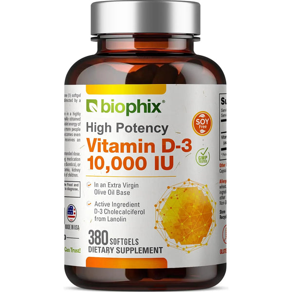 Vitamina D3 10000 UI 380 Cápsulas Blandas Alta Potencia En Aceite De Oliva