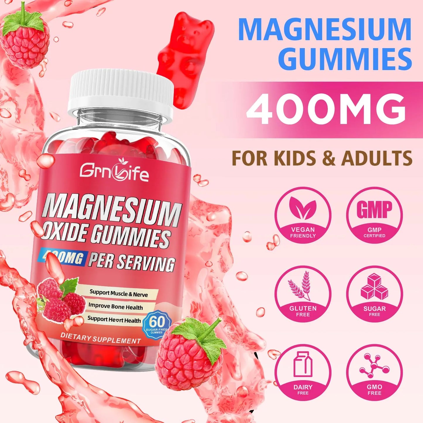 Gomitas Masticables De Óxido De Magnesio 400 Mg Sabor Frambuesa Vegano 60 Unidades