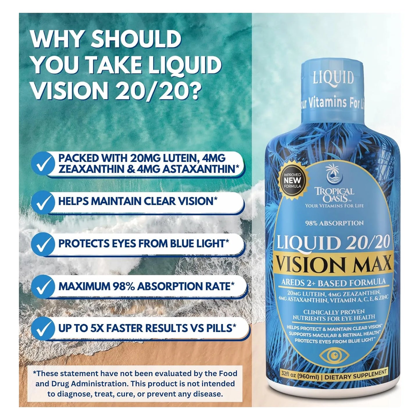 Liquid 20 20 Vision Fórmula Líquida Vitaminas Ojos Con Luteína Y Zeaxantina Máxima Absorción